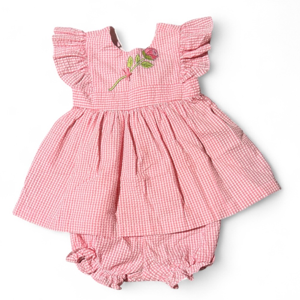 VTG Samara Pink Gingham Check Dress Bloomer Set Embroidered 2T EUC